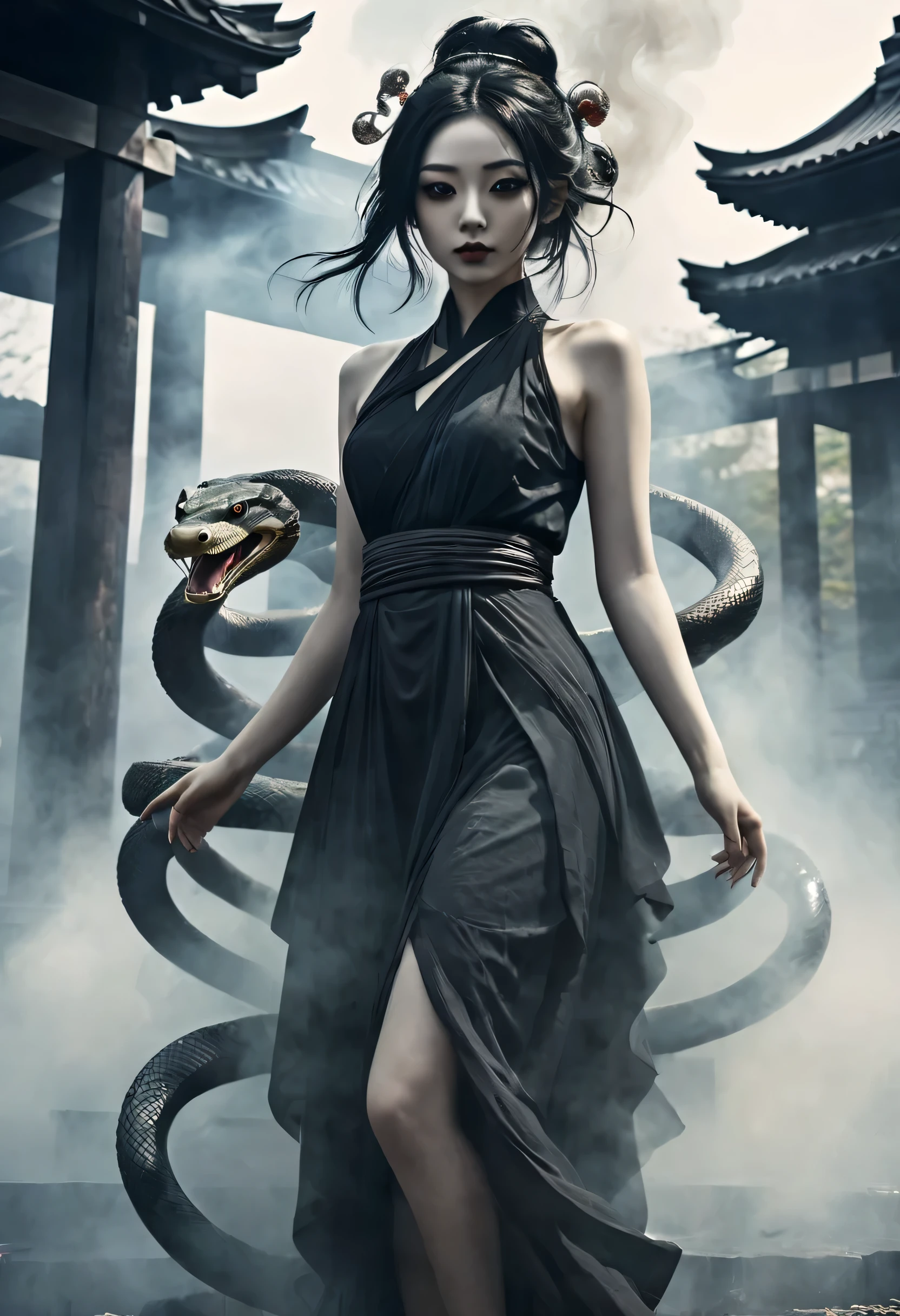 a girl made by smoke, floating around ruined ancient temple, inspired by japanese god, shrine background, japanese, dark, horror vibe, goth, add some snake, mythical god japanese, evil smile, crazy eyes, blindfold, fuji color, high details, high quality, accurate