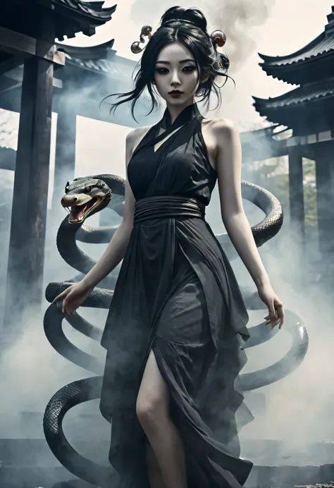 a girl made by smoke, floating around ruined ancient temple, inspired by japanese god, shrine background, japanese, dark, horror...