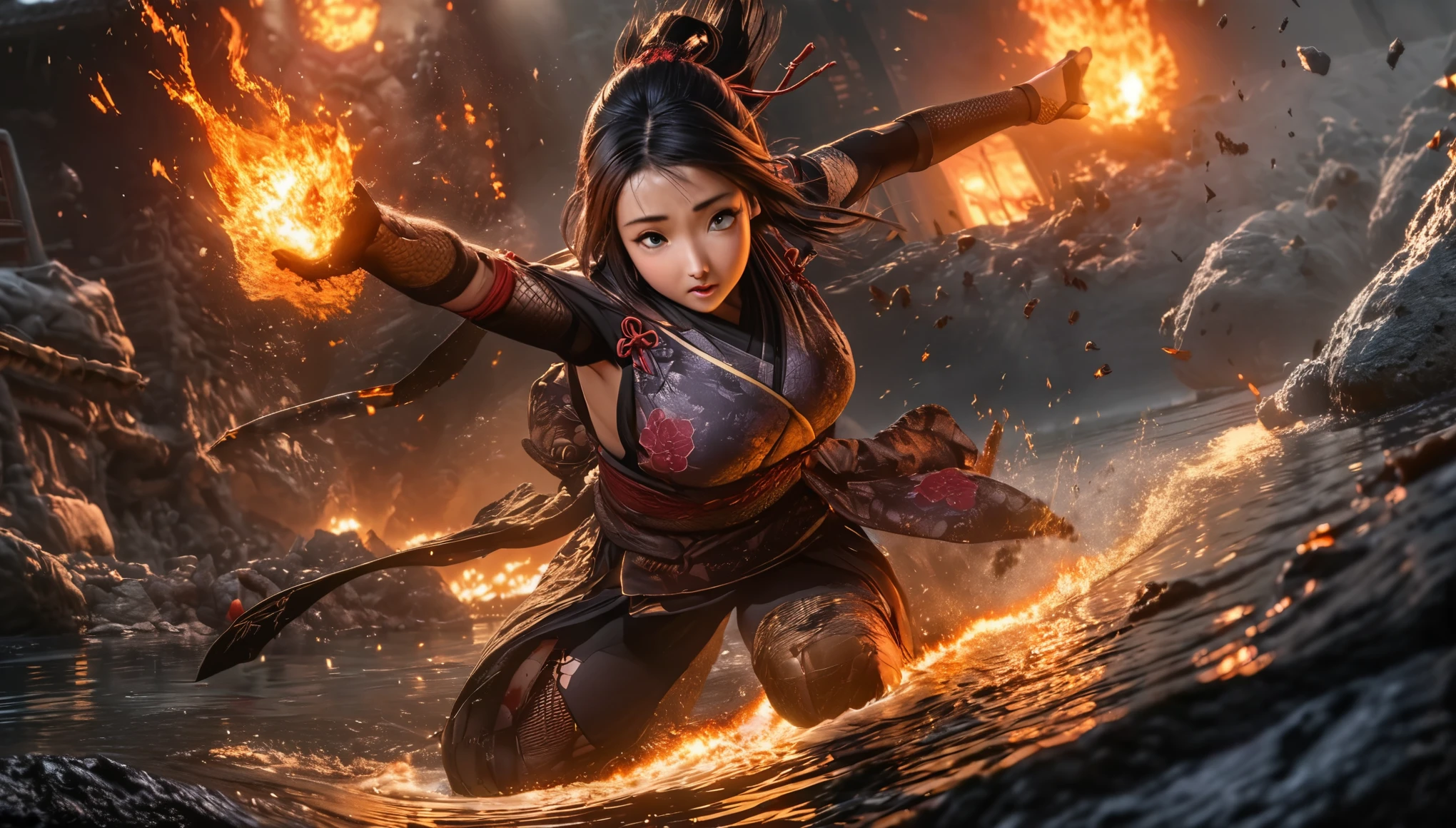 A lovely ninja, wide-eyed and a little singed, has just survived a violent explosion. She is floating on choppy water along with some debris, in the dark of the night, illuminated by a flickering fire. The scene captures the resilience and determination of the ninja as she emerges from the chaos and destruction. The artwork should showcase the intricate details of the ninja's expressive eyes, highlighting their beauty and intensity. The medium can be an illustration or a digitally rendered 3D artwork, emphasizing the depth and texture of the water and the floating debris. The image should be of the best quality, with ultra-detailed elements and a realistic, photorealistic rendering. The color palette should feature dark, intense tones, enhancing the atmosphere of the night and the flickering firelight. The lighting should be dramatic, with the fire casting dynamic shadows and illuminating the ninja's face and surroundings.