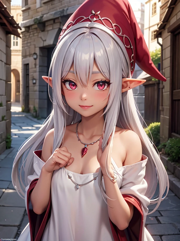 An elf woman, very dark tanned skin, beautiful silver hair, pointed ears, beautiful red eyes, pink lips, staring at the viewer, wizard's robes, beautiful necklace, wizard's hat, shy face, Cheerful smiles, masterpieces, medieval streets,