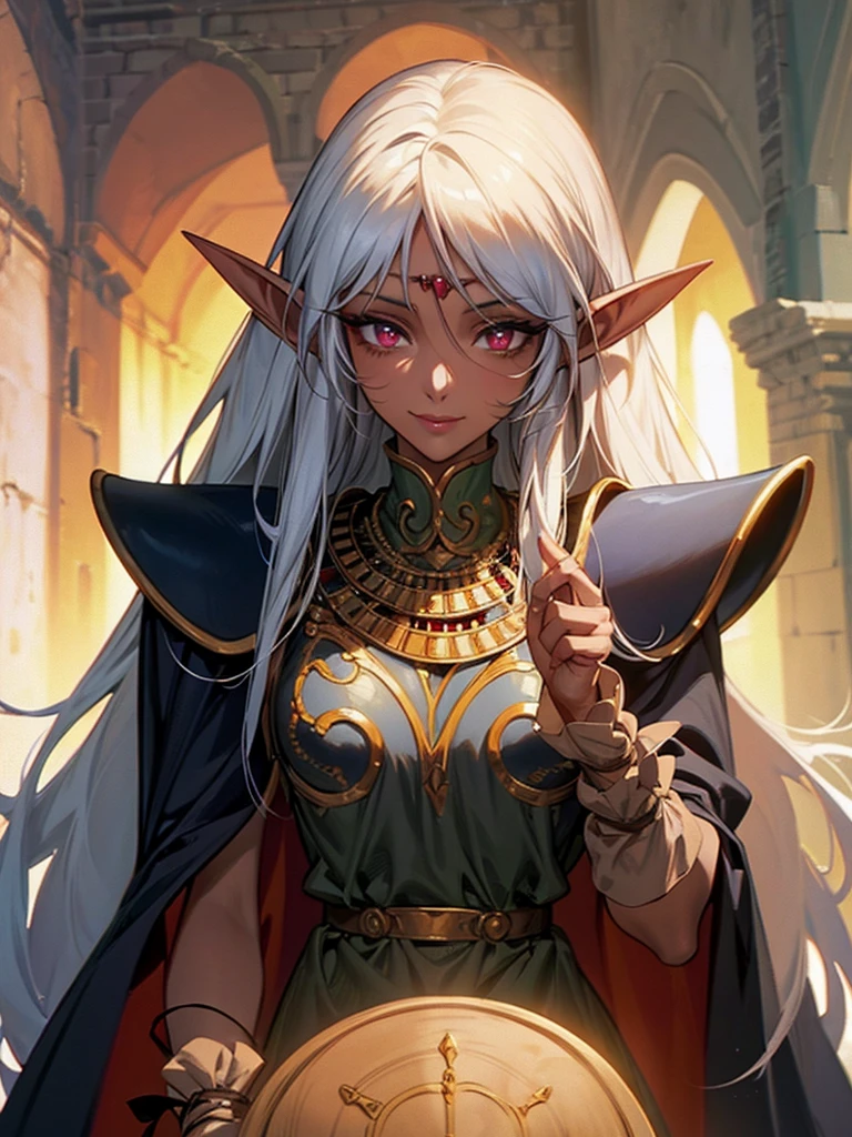 An elf woman, very dark tanned skin, beautiful silver hair, pointed ears, beautiful red eyes, pink lips, staring at the viewer, wizard's robes, beautiful necklace, wizard's hat, shy face, Cheerful smiles, masterpieces, medieval streets,