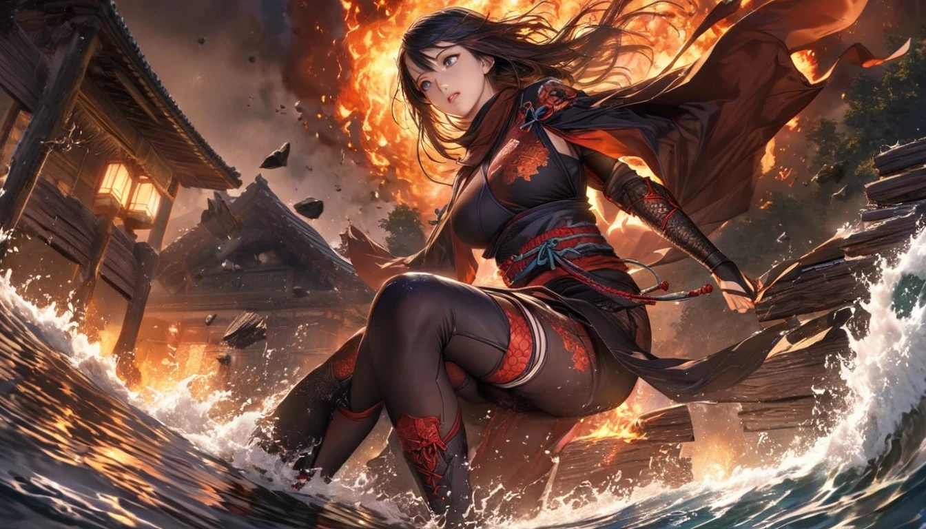 A lovely ninja, wide-eyed and a little singed, has just survived a violent explosion. She is floating on her back on choppy water along with some debris, in the middle of the night. The scene is lit by a raging fire nearby. The ninja's outfit is skillfully designed, with intricate embroidery and a mix of vibrant colors. Her eyes are beautiful and detailed, expressing a mix of determination and resilience. The fire's flickering light casts dancing shadows on the water's surface, creating an eerie and mysterious atmosphere. The dark night sky is filled with twinkling stars. The water is rough, with waves crashing against the ninja and the debris, adding a sense of danger and urgency. The debris floating around includes broken wooden planks and burnt shreds of cloth. The overall image quality is of the highest standard, with exceptional details and ultra-realistic rendering. The colors are vivid and dynamic, highlighting the contrast between the fire's warm tones and the cool tones of the night. The lighting accentuates the ninja's silhouette, creating a dramatic and captivating composition.