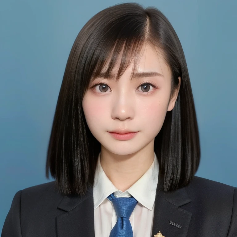 (kawaii 24 year-old Japanese girl, Nogizaka idol, Korean idol), (glossy black hair, short bob, hair length must be even and symmetric:1.3), (rounded face, single eyelid, no makeup, serious expression:1.2), (wearing suit jacket, collared shirt, necktie:1.3), (extra small breasts:0.9), (looking at viewer:1.2), BREAK, (simple blue background, yearbook background:1.3), (portrait, id photo, bust shot, view from vertically straight forward:1.3), (keep a margin on the top), BREAK, (masterpiece, best quality, photo realistic, official art:1.4), (UHD, 8K quality wallpaper, high resolution, raw photo, golden ratio:1.3), (shiny skin), professional lighting, physically based rendering, award winning, (highly detailed skin, extremely detailed face and eyes), Carl Zeiss 85 mm F/1.4, depth of field, 1girl, solo,