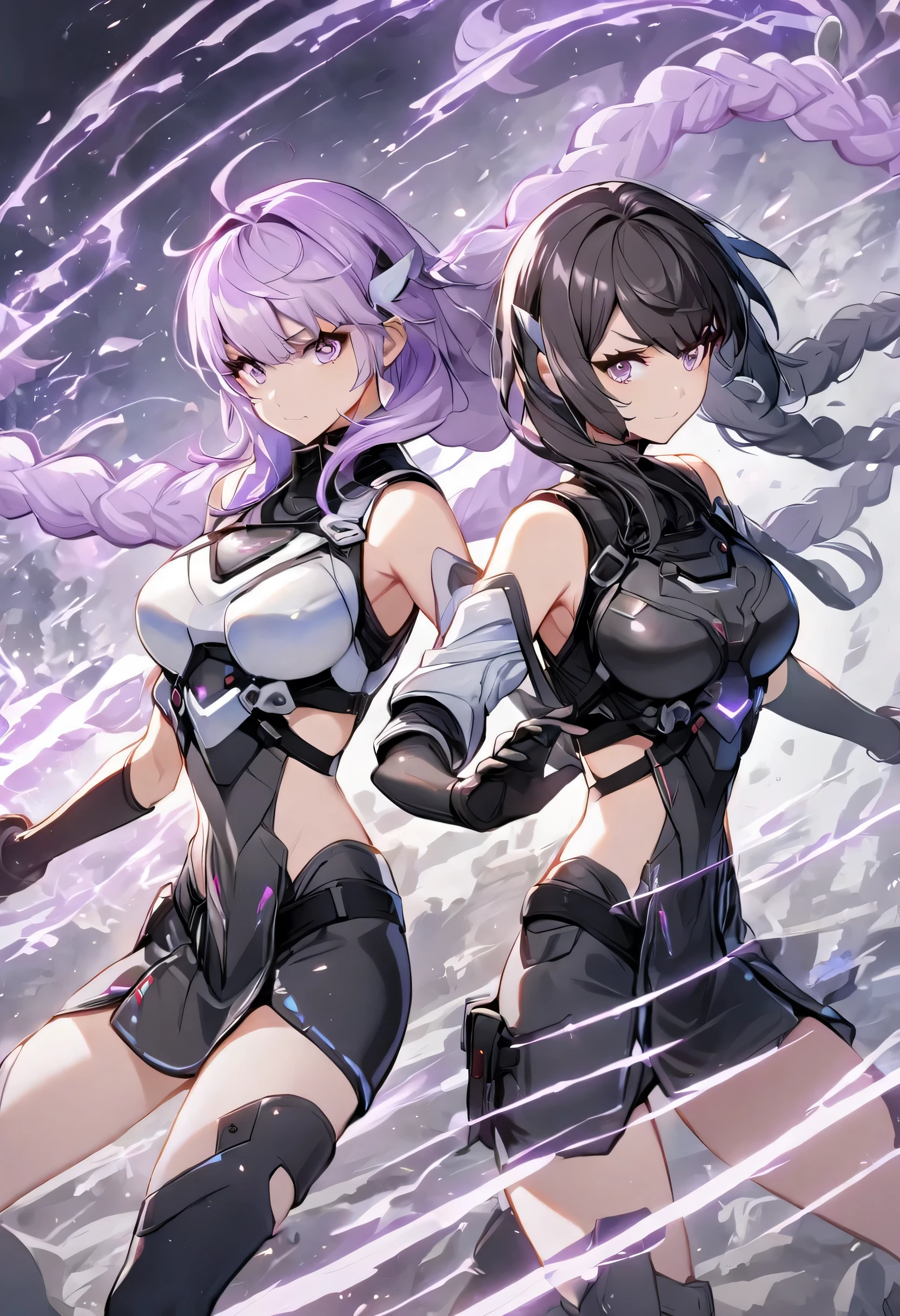  2 女孩 ,黑色衣服,白色衣服, 黑髮, 紫色頭髮,並肩作戰