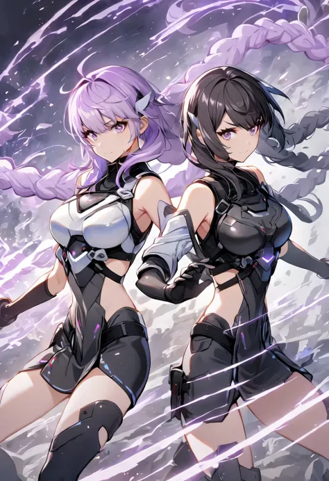 2 girls ,black clothes,white clothes, black hair, purple hair,fight side by side