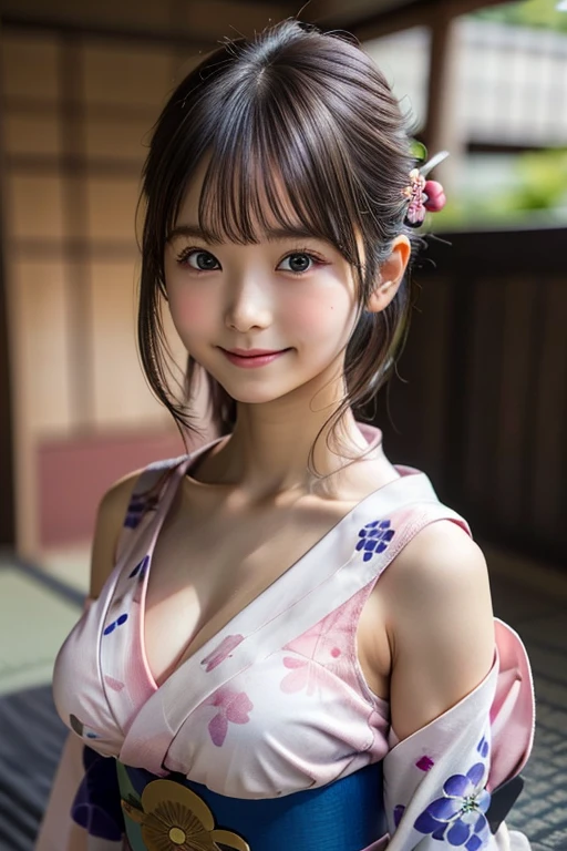 (1young girl), Extremely cute face, Amazing face and eyes, (Highly detailed eyes, Highly detailed face), fresh, Very clean appearance, (Hyper-realistic, hight resolution), (Best Quality:1.4), Raw photo, (Realistic, Photorealsitic:1.37), Professional Photography, (light pink floral pattern yukata:1.5), (Open yukata), (cleavage:1.2), (Bare shoulders), Smile slightly, (Staring at me), Bedroom, girl portrait  , (gigantic breasts)