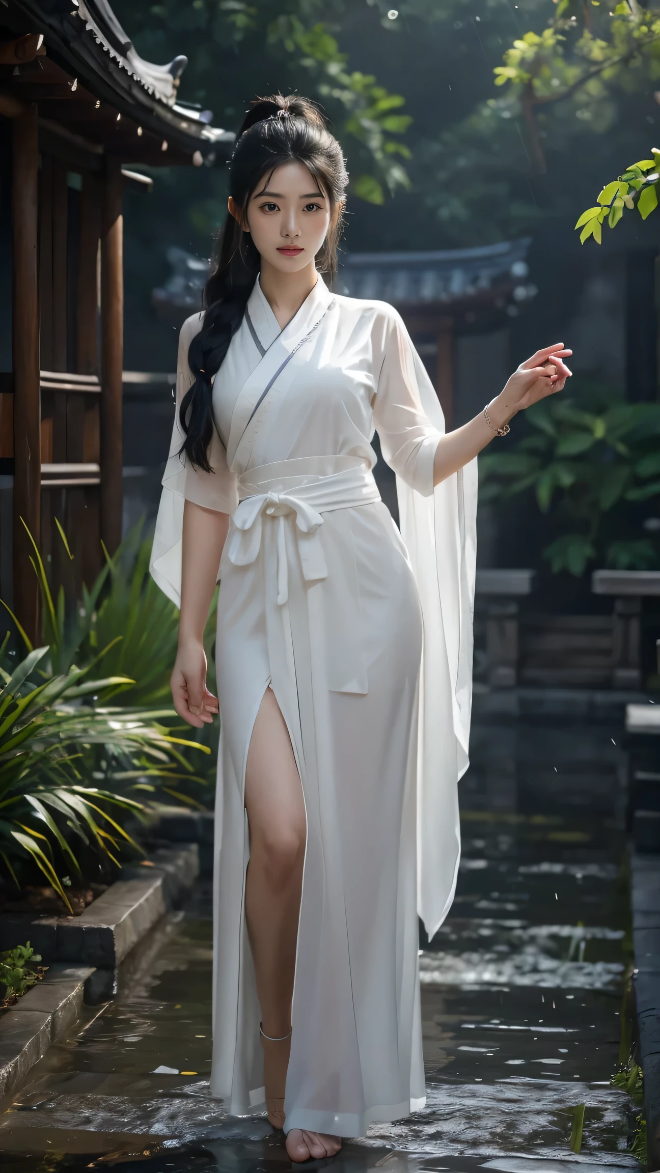 (complet corps shot:1.2) ,Petits seins ,Le fond est un jour de pluie.,vieux temple traditionnel,1 femme, Belle fille, Beau visage, femme samouraï, mannequin, bracelet brillant, magnifique hanfu court (blanc, Transparent),cap, seul, {yeux beaux et détaillés}, Expression calme, Natural and soft Lumière, Visage délicat, Beaucoup small earringodel pose)), Glamor corps type, (Black neon cheveux:1.2), nid, Long ponytail, Beaucoup_Long_cheveux, cheveux past hip, curly cheveux, Granulés de film, Vraie main, chef-d&#39;œuvre, Meilleure qualité, Réaliste, There are Beaucoup of details., détails exquis, haute résolution, Composition dynamique parfaite, Beauticomplety detailed eyes, Yeux souriants, ((Nerveux et timide)), netteté, complet_corps, pose sexy, cow-boy_tirer, fille samouraï, front éclatant, Lumière,