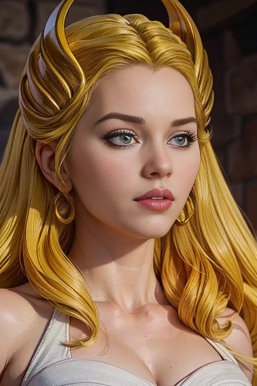score_9, score_8_up, score_7_up, score_6_up, score_5_up, 1girl, She-Ra, Game of Thrones, tight white dress, cleavage, blonde hair, blue eyes, (insanely detailed, beautiful detailed face, masterpiece, best quality) 