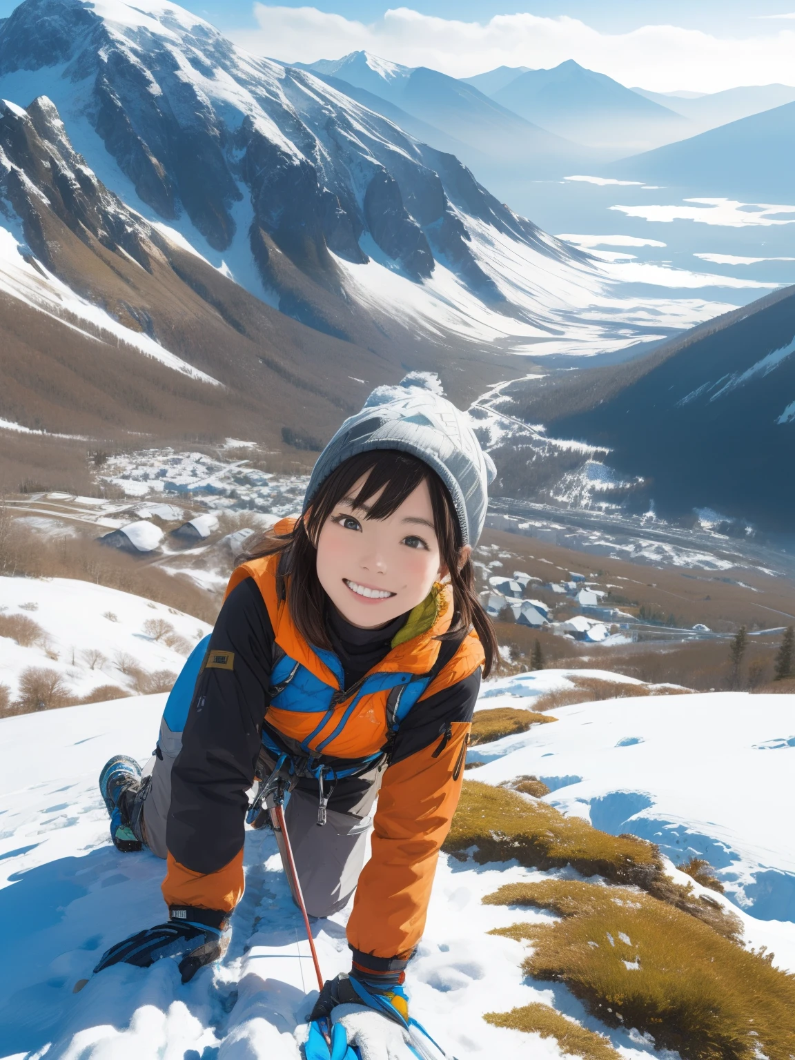 highest quality, masterpiece, Highly detailed background, Majestic Mountain々Back view of a girl climbing a hill, Taking a selfie with an action camera, ((Winter climber style clothing)), A person stretching out in the sunlight shining through the mountaintop, Beautiful landscapes in earth tones, A hopeful view, Expressions that give viewers a gentle feeling, Focusing on the landscape、Make portrait smaller..