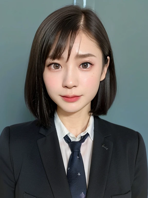 (kawaii 24 year-old Japanese girl, Nogizaka idol, Korean idol), (glossy black hair, short bob, pixie cut, length must be even and symmetric:1.3), (pure black eyes, rounded face, single eyelid, no makeup, serious expression:1.2), (wearing suit jacket, collared shirt, necktie:1.3), (extra small breasts:0.9), (looking at viewer:1.2), BREAK, (simple blue background, yearbook background:1.3), (portrait, id photo, bust shot, view from vertically straight forward:1.3), (plenty of top margin), BREAK, (masterpiece, best quality, photo realistic, official art:1.4), (UHD, 8K quality wallpaper, high resolution, raw photo, golden ratio:1.3), (shiny skin), professional lighting, physically based rendering, award winning, (highly detailed skin, extremely detailed face and eyes), Carl Zeiss 85 mm F/1.4, depth of field, 1girl, solo,