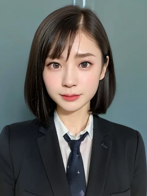 (kawaii 24 year-old Japanese girl, Nogizaka idol, Korean idol), (glossy black hair, short bob, pixie cut, length must be even an...