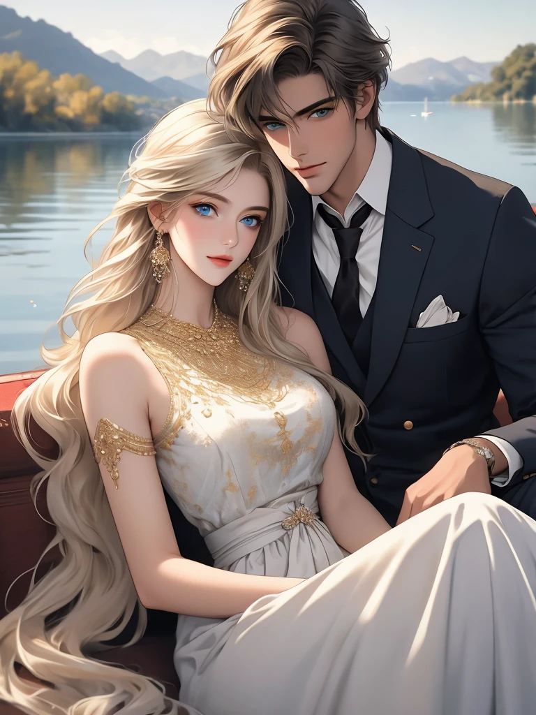 A magical lake. A tall, handsome, statuesque, courageous young man with long platinum hair, blue eyes, tanned skin is sitting on the shore of a lake, he is dressed in an antique white shirt and dark trousers, next to him sits an incredibly beautiful young golden-haired femme fatale with blue eyes, long golden hair, long bangs, dressed in an antique dress. They're in love. Masterpiece, perfect image, realistic pictures, detailed face study, full-length image, 8k, detailed image. extremely detailed illustration, a real masterpiece of the highest quality, with careful drawing.