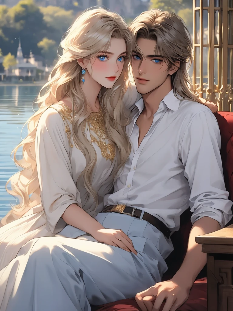 A magical lake. A tall, handsome, statuesque, courageous young man with long platinum hair, blue eyes, tanned skin is sitting on the shore of a lake, he is dressed in an antique white shirt and dark trousers, next to him sits an incredibly beautiful young golden-haired femme fatale with blue eyes, long golden hair, long bangs, dressed in an antique dress. They're in love. Masterpiece, perfect image, realistic pictures, detailed face study, full-length image, 8k, detailed image. extremely detailed illustration, a real masterpiece of the highest quality, with careful drawing.