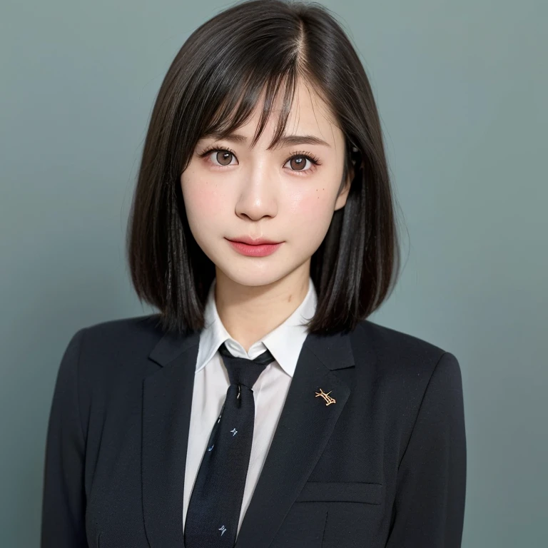 (kawaii 24 year-old Japanese girl, Nogizaka idol, Korean idol), (glossy black hair, short bob, pixie cut, hair length must be even and symmetric:1.3), (pure black eyes, rounded face, single eyelid, no makeup, serious expression:1.2), (wearing suit jacket, collared shirt, necktie:1.3), (extra small breasts:0.9), (looking at viewer:1.2), BREAK, (simple blue background, yearbook background:1.3), (portrait, id photo, bust shot, view from vertically straight forward:1.3), (plenty of top margin), BREAK, (masterpiece, best quality, photo realistic, official art:1.4), (UHD, 8K quality wallpaper, high resolution, raw photo, golden ratio:1.3), (shiny skin), professional lighting, physically based rendering, award winning, (highly detailed skin, extremely detailed face and eyes), Carl Zeiss 85 mm F/1.4, depth of field, 1girl, solo,