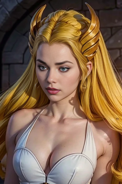 Punktzahl_9, Punktzahl_8_hoch, Punktzahl_7_hoch, Punktzahl_6_hoch, Punktzahl_5_hoch, 1 Mädchen, She-Ra, Game of Thrones, enges weißes Kleid, Dekollete, blondes Haar, blaue Augen, (wahnsinnig detailliert, Schönes, detailliertes Gesicht, Meisterwerk, beste Qualität) 