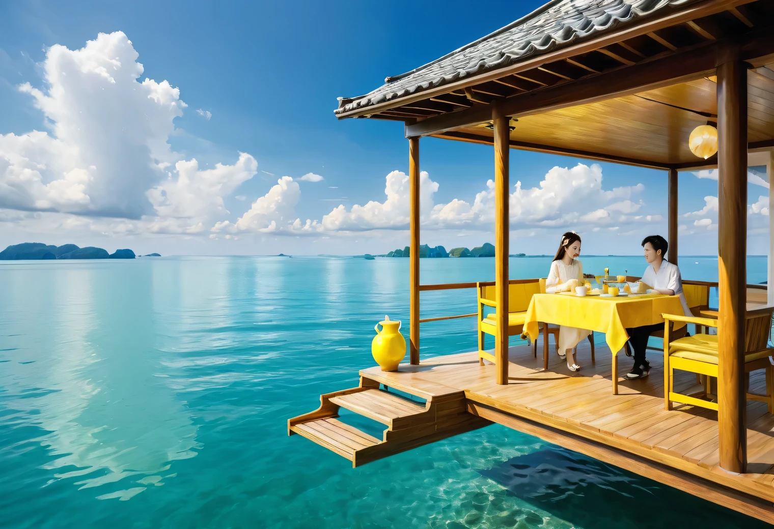 Floating House, sea floating house, , a house on a large raft floating on the sea, a large and beautiful fairy-tale house floating on the sea waves of azure water, beautiful view around, white clouds, yellow sun, on the veranda of the house a girl and a boy are sitting at a table and drinking tea, high quality, high resolution, the work of a master, masterpiece, clear, 32k, cartoon style, pixar