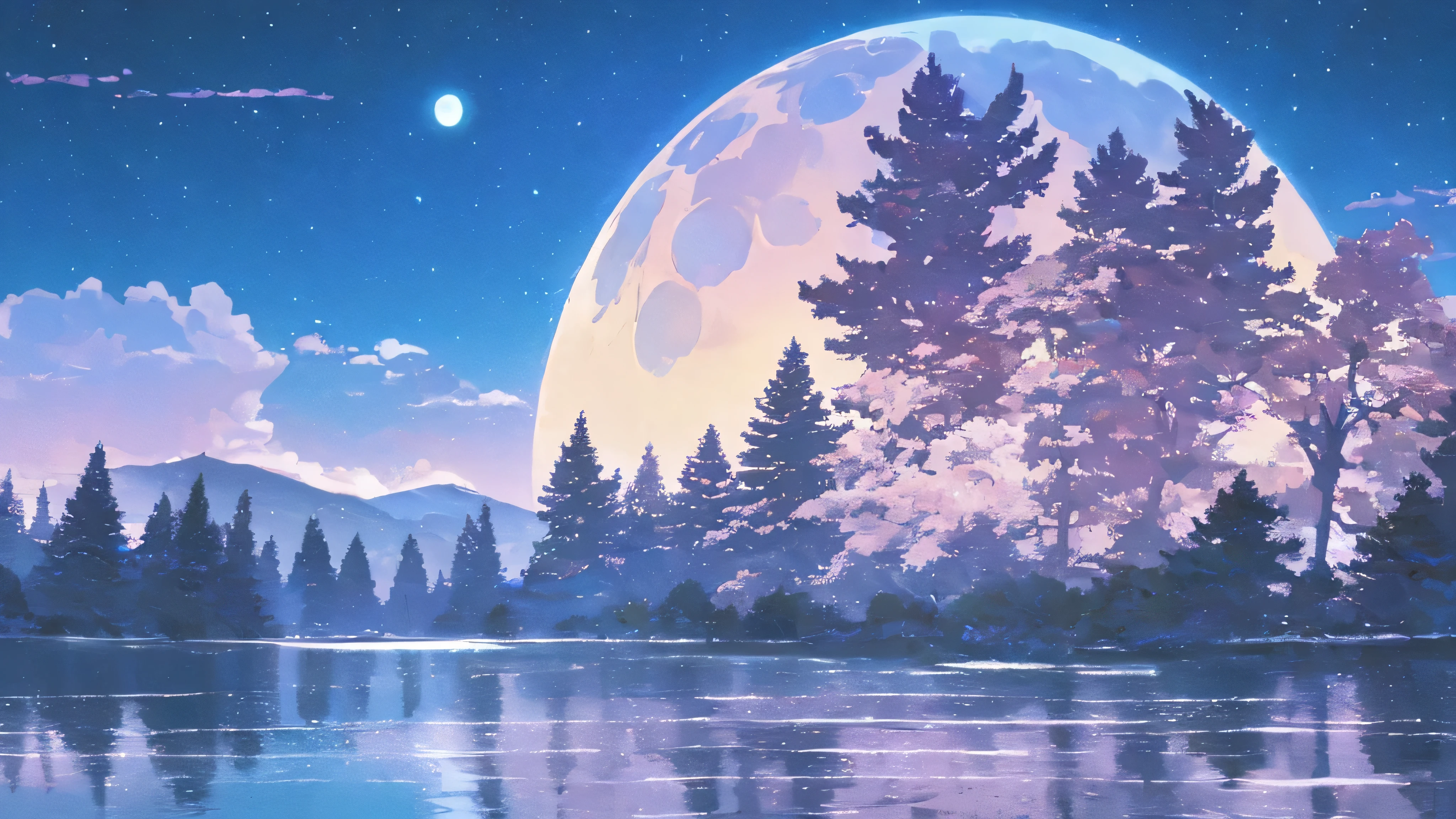 A crystal clear lake reflecting a beautiful blue full moon in the middle of a forest,A sky full of glorious stars,8k,masterpiece,4k anime wallpaper,A blonde woman wearing headphones
