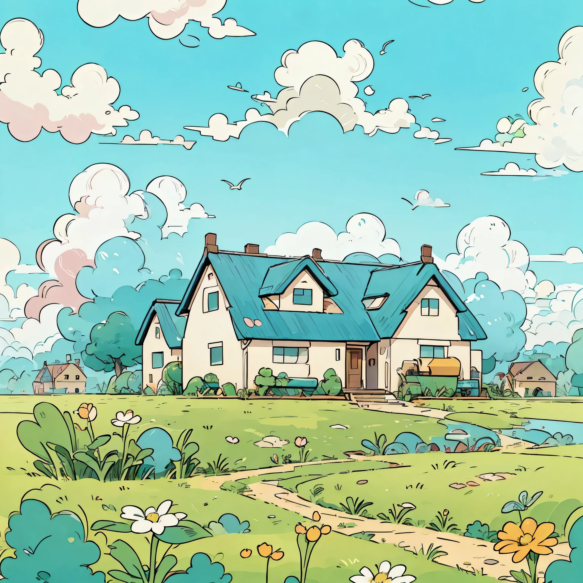Blume，Himmel，Haus，grassland，
sanfte, warme Farben，
Glatte Linien，
einfacher Stil，
unbegrenzte Farbpalette，
flacher Anime-Stil，