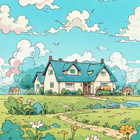 flower，Sky，house，grassland，
Soft warm colors，
smooth lines，
simple style，
unlimited color palette，
flat anime style，