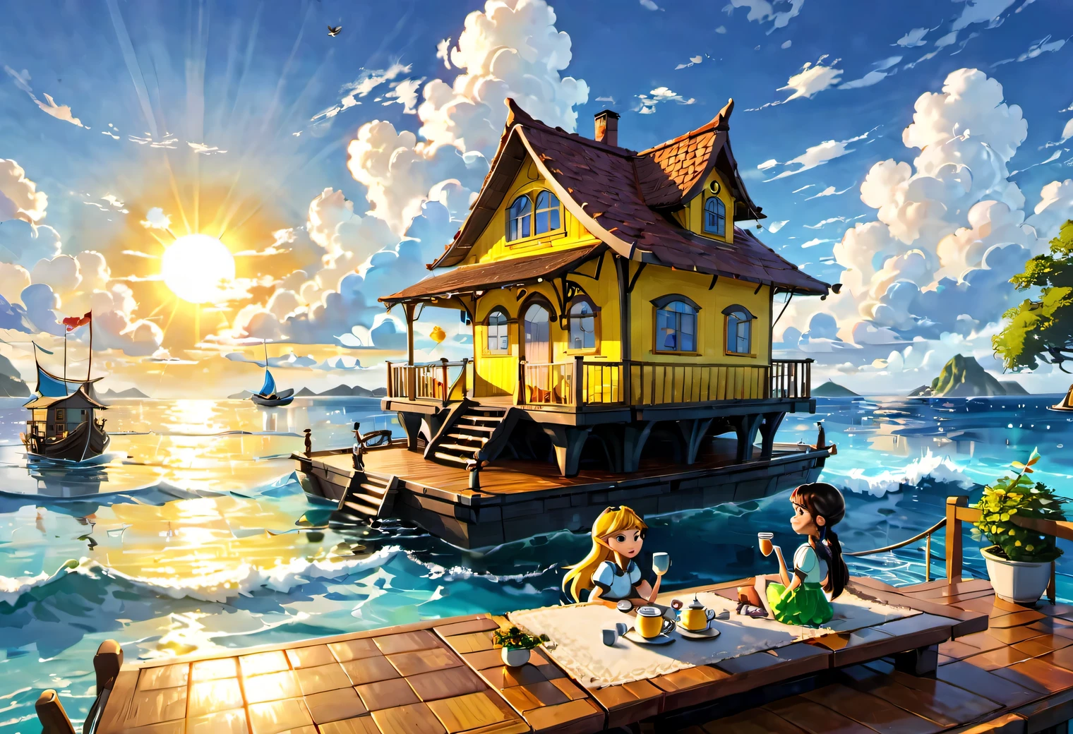 Floating House, sea floating house, , a house on a large raft floating on the sea, a large and beautiful fairy-tale house floating on the sea waves of azure water, beautiful view around, white clouds, yellow sun, on the veranda of the house a girl and a boy are sitting at a table and drinking tea, high quality, high resolution, the work of a master, masterpiece, clear, 32k, cartoon style, pixar