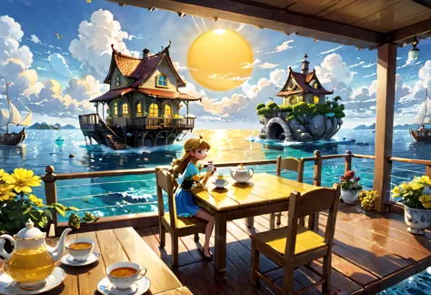 Floating House, sea floating house, , a house on a large raft floating on the sea, a large and beautiful fairy-tale house floati...