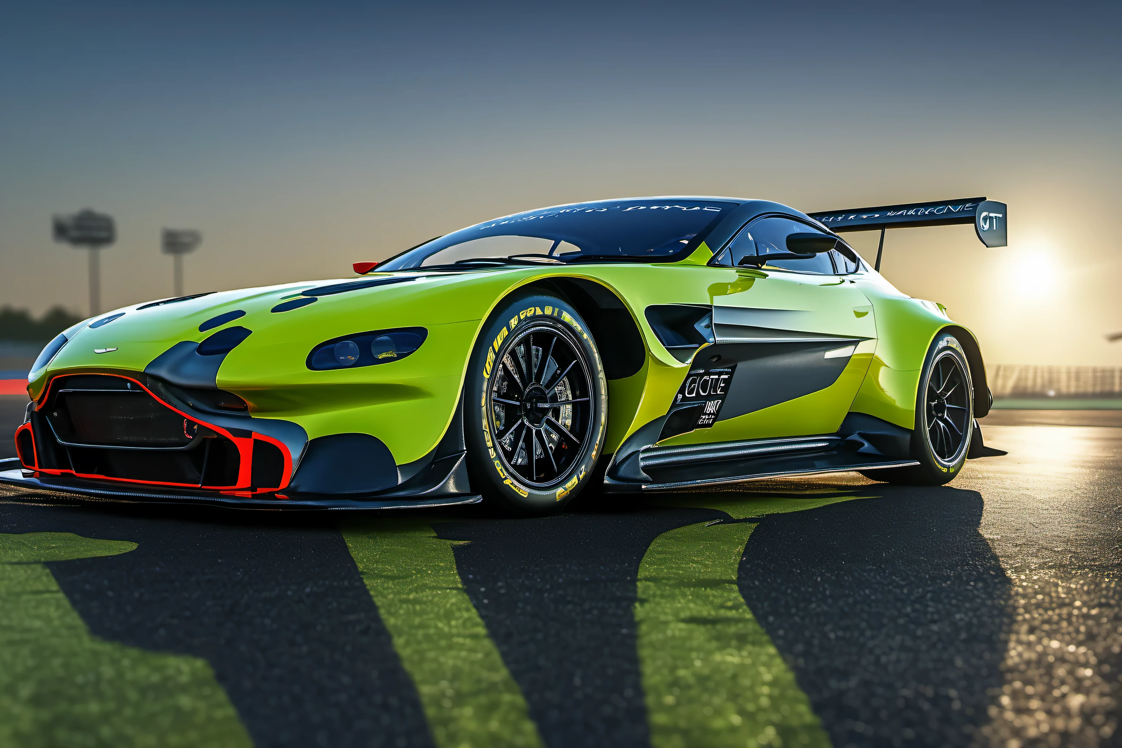 masterpiece, best quality, aston martin v8 vantage amr gte, le mans race track, in motion, full specular sharpened 3D, HDR, UHD, vivid colors, occlusion, masterpiece, panorama, super detail, accurate, best quality, 16K, ultra-super quality, ultra-photo realistic detail, utltra-high nanite atmospheric lighting, ultra-high detailed reflections, very far shot, ultra-wide angle, 4D composite mapping, ultra-high 3D depth mapping quality, ultra-high render quality, OLED, dynamic rich shadows, ultra-high realistic graphics, HDR, (very far shot), ultra-high background detail, god rays, backlighting