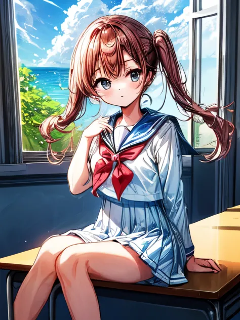 create an image of a sitting girl, sailor suit, classroom, the image should capture the essence of summer, the girl should be in...