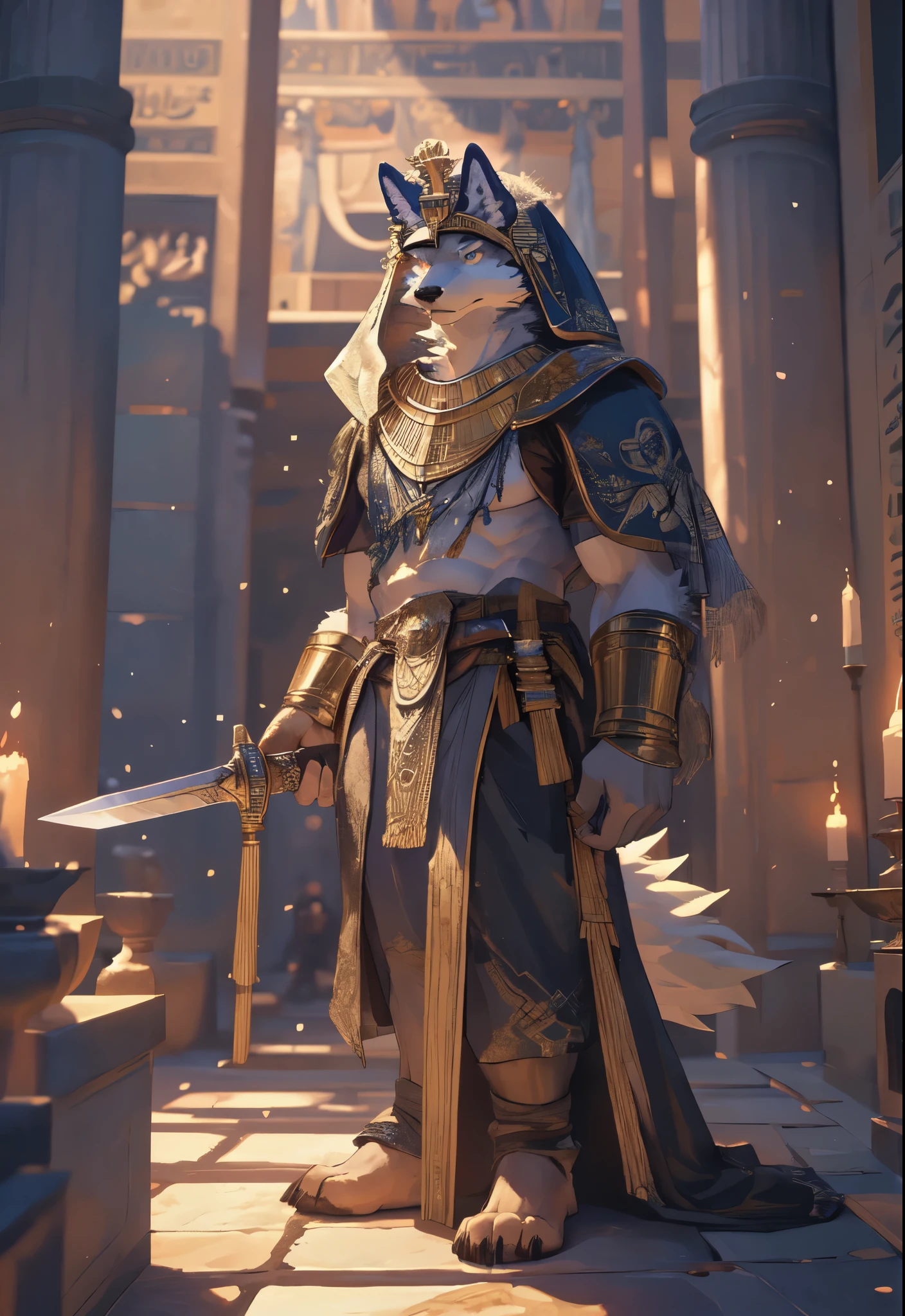 Masterpieces,official art,furry,male,Anthropomorphic white wolf,Delicate face,bold eyes,blue eyes, egyptian headdress,sword, holding sword, depth of field, perfect lighting,(best quality),(masterpiece),(ultra detailed),sharp focus, temple, detailed background, altar, detailed hands, sunlight 