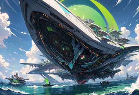 High-tech fantastic Floating a very complex ship from the future on the dark undulating waters of an unknown sea, a high-tech fa...