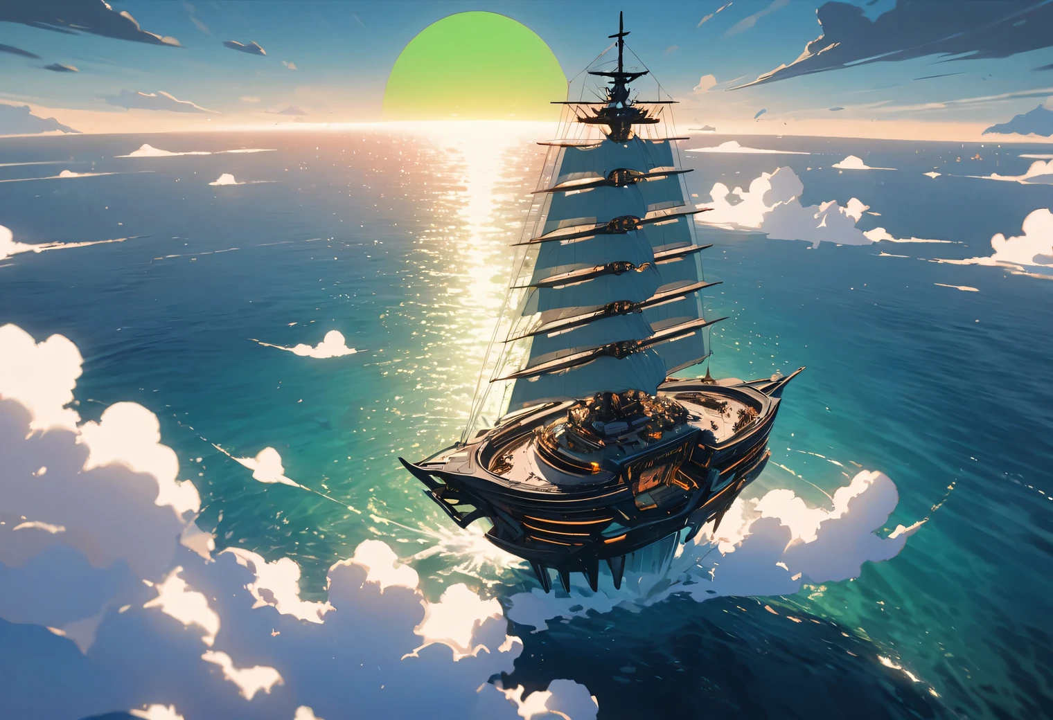 A high-tech fantastic Floating very complex ship from the future on the dark undulating waters of an unknown sea, (Floating on water):1.405, a high-tech fantastic sophisticated ship is shown in detail, sailing on the sea, fantastic and beautiful view around, white clouds, (green sun):1.3, high quality, high resolution, masterwork, masterpiece, clear, 32k, cartoon style, pixar