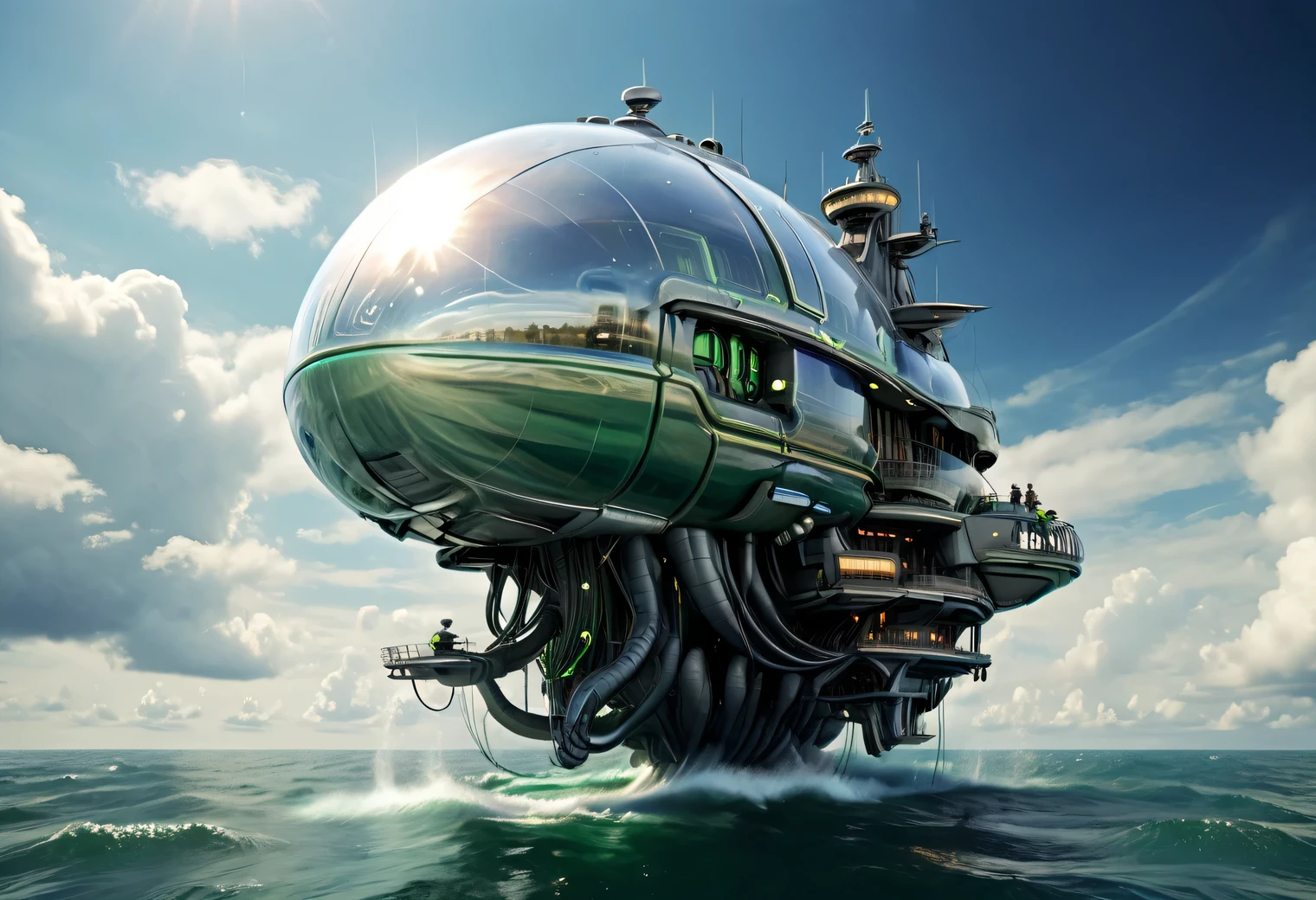 A high-tech fantastic Floating very complex ship from the future on the dark undulating waters of an unknown sea, (Floating on water):1.405, a high-tech fantastic sophisticated ship is shown in detail, sailing on the sea, fantastic and beautiful view around, white clouds, (green sun):1.3, high quality, high resolution, masterwork, masterpiece, clear, 32k, cartoon style, pixar