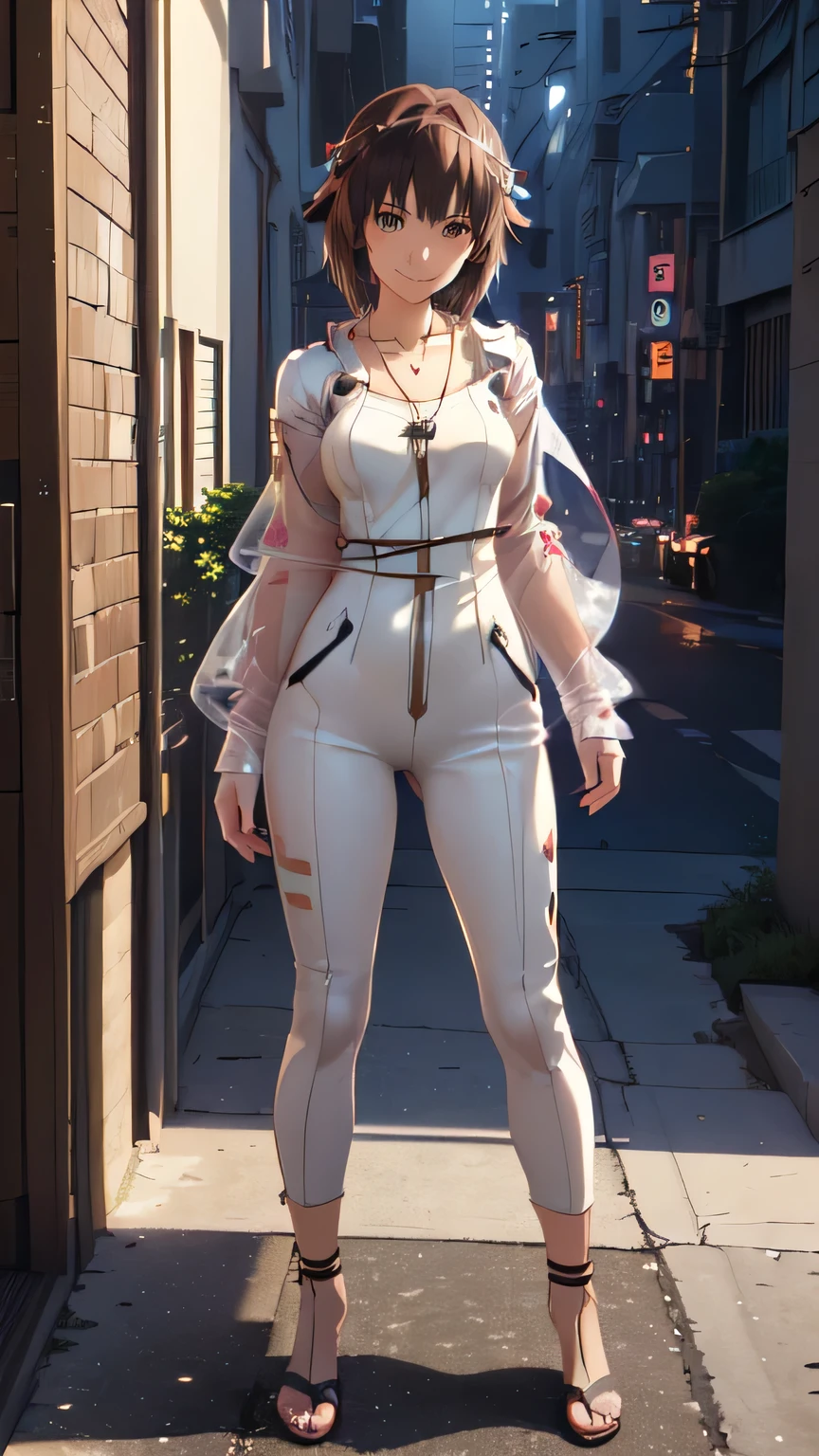 Anime girl in white outfit standing on sidewalk in urban area - SeaArt AI