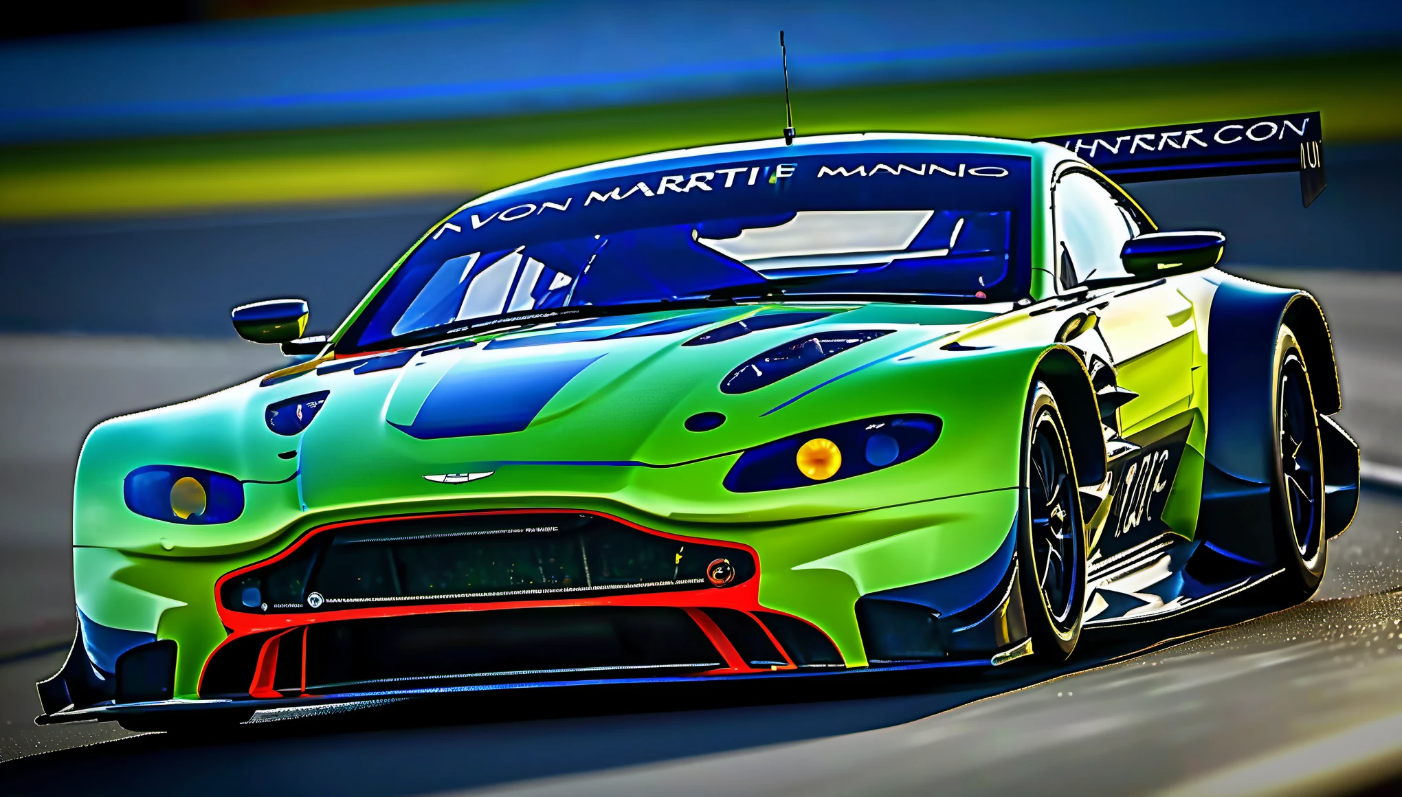 masterpiece, best quality, aston martin v8 vantage amr gte, le mans race track, in motion, full specular sharpened 3D, HDR, UHD, vivid colors, occlusion, masterpiece, panorama, super detail, accurate, best quality, 16K, ultra-super quality, ultra-photo realistic detail, utltra-high nanite atmospheric lighting, ultra-high detailed reflections, very far shot, ultra-wide angle, 4D composite mapping, ultra-high 3D depth mapping quality, ultra-high render quality, OLED, dynamic rich shadows, ultra-high realistic graphics, HDR, (very far shot), ultra-high background detail, god rays, backlighting