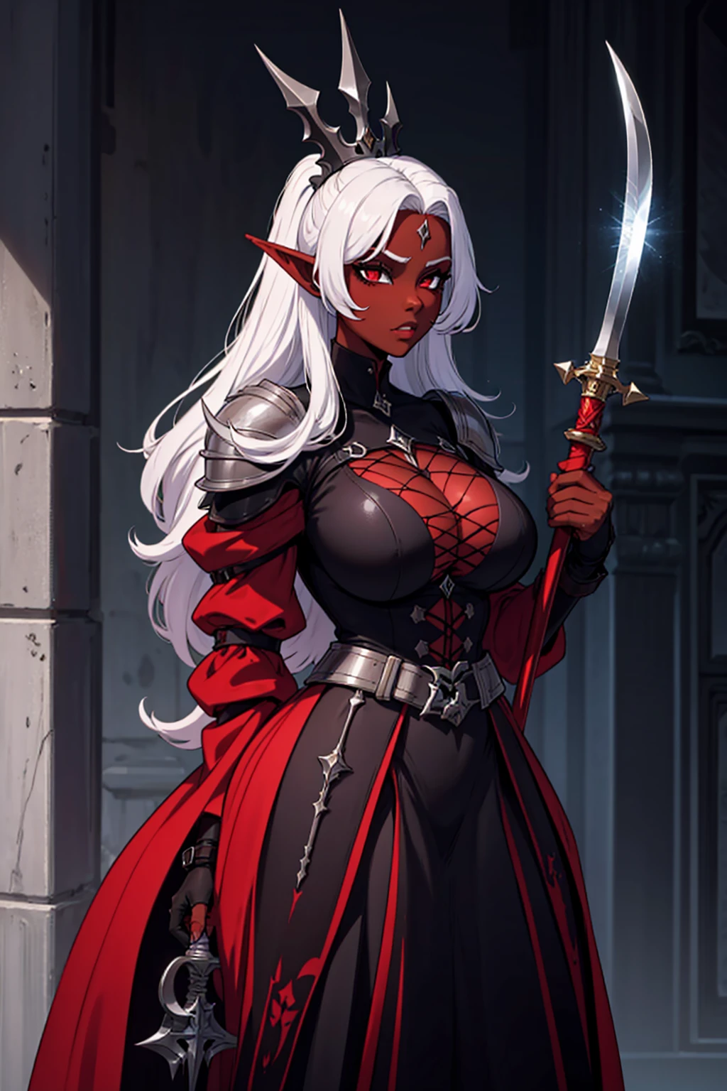 imagined a sfw dark persona curvy dominatrix dark elf queen black & red outfit holding a rapier sword, dark skin, sliver hair red eyes, spike, armor fantasy clothe