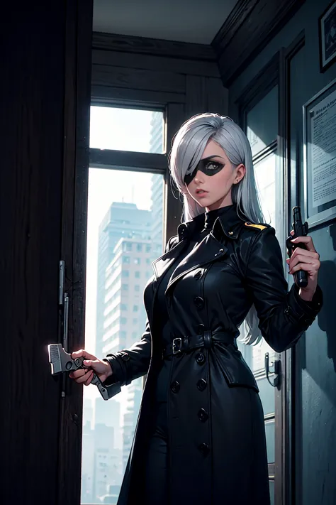 imagined a cartoon sexy milf whit silver hair and a eye patch on the left eye detective woman in a trench coat holding a revolve...