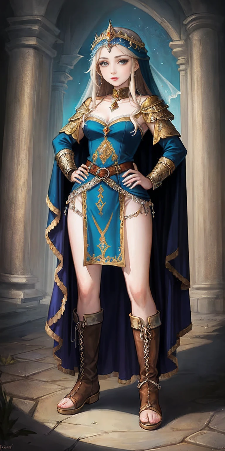 full body of a woman in a dress with a veil, feet together, standing feet together, military boots, beautiful fantasy maiden slave warrior, beautiful fantasy art portrait, fantasy Victorian art, medieval fantasy art, beautiful and elegant queen Roxxane, portrait of queen of light, fantasy portrait art, gothic fantasy art, a beautiful fantasy empress, ((white background)) hands on hips