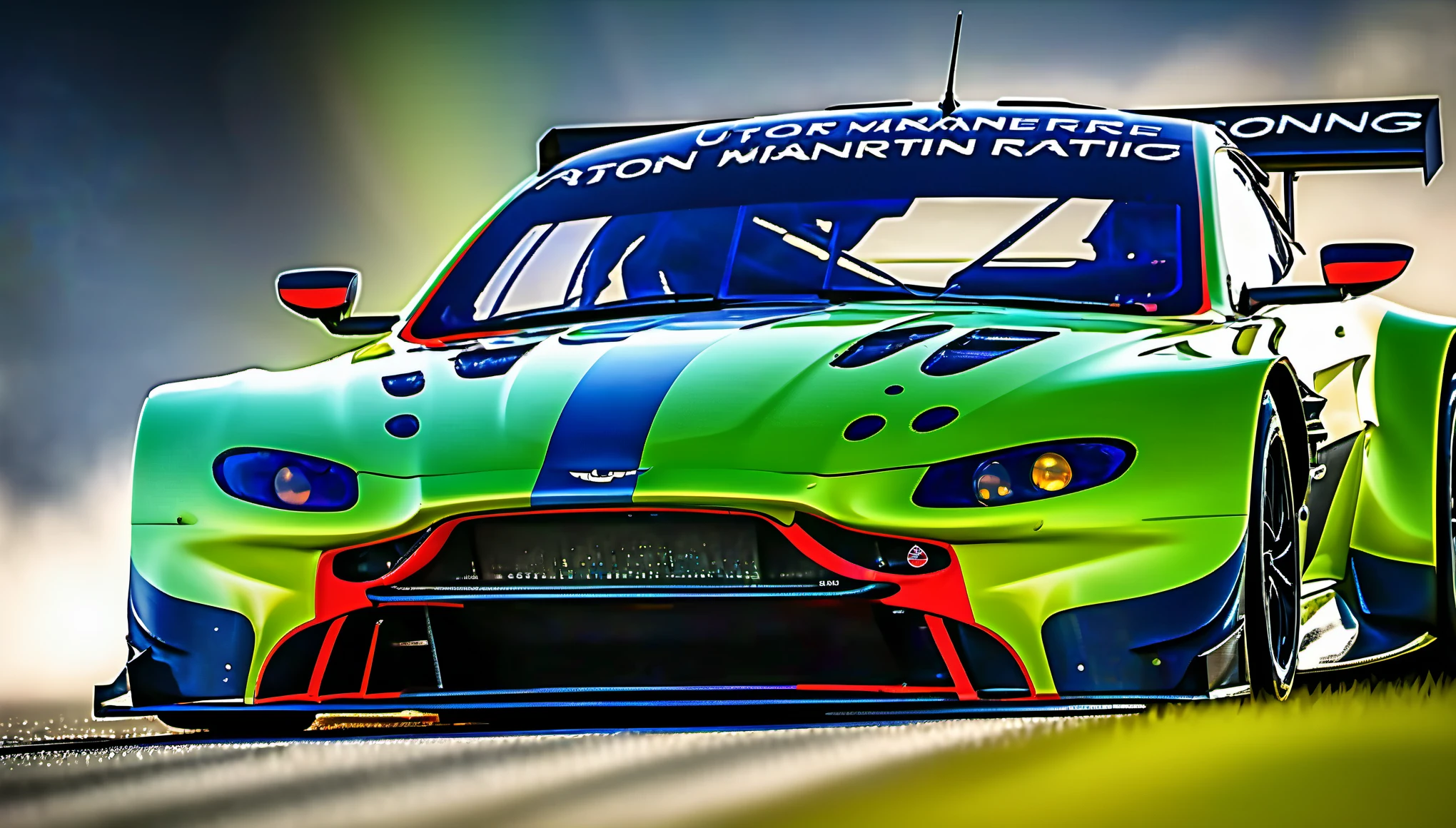 masterpiece, best quality, aston martin v8 vantage amr gte, le mans race track, in motion, full specular sharpened 3D, HDR, UHD, vivid colors, occlusion, masterpiece, panorama, super detail, accurate, best quality, 16K, ultra-super quality, ultra-photo realistic detail, utltra-high nanite atmospheric lighting, ultra-high detailed reflections, very far shot, ultra-wide angle, 4D composite mapping, ultra-high 3D depth mapping quality, ultra-high render quality, OLED, dynamic rich shadows, ultra-high realistic graphics, HDR, (very far shot), ultra-high background detail, god rays, backlighting