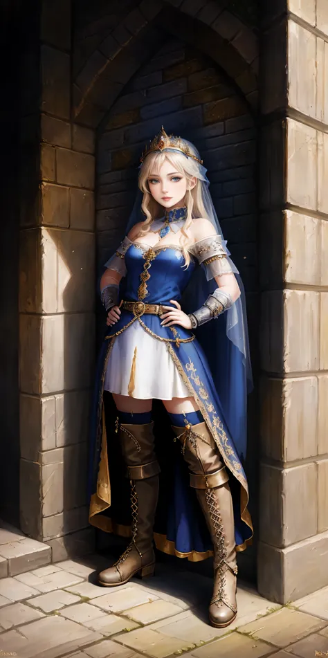 full body of a woman in a dress with a veil, feet together, standing feet together, military boots, beautiful fantasy maiden slave warrior, beautiful fantasy art portrait, fantasy Victorian art, medieval fantasy art, beautiful and elegant queen Roxxane, po...