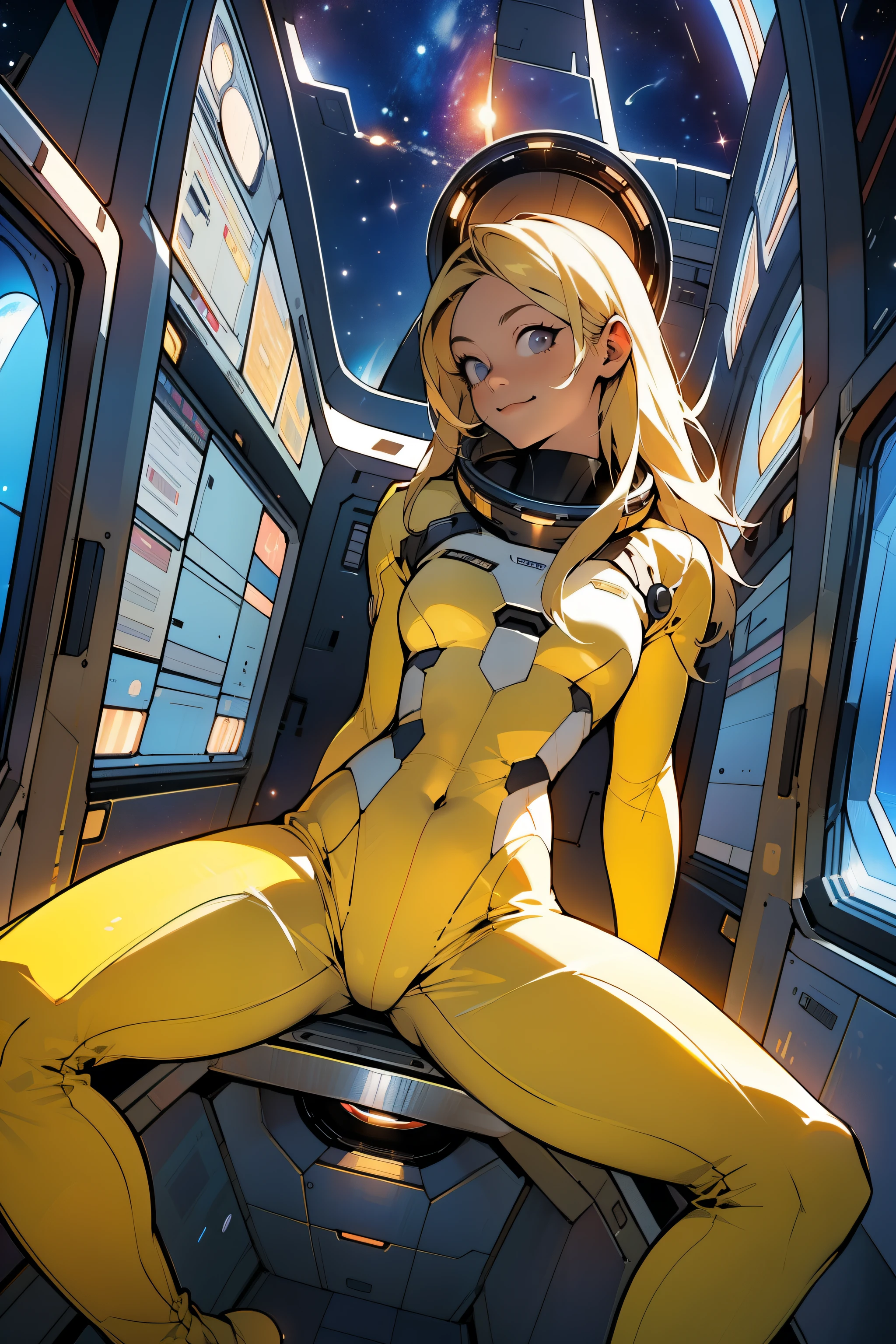 (masterpiece, best quality:1.2), (cowboy shot:1.1), solo, 1girl, mori yuki, slight smile, closed mouth, side view, looking at viewer, blonde hair, long hair, thigh gap, yellow bodysuit, skin-tight, perfect body, large window, (starship porthole:1.3), (spread legs:1.3), (standing:1.1), thigh gap, sensual pose, sideview, perfect hands, bright starship interior, (outer space view:1.1), (orbital view:1.3), (night, stary sky:1.5), milky way