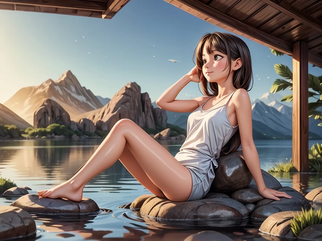 floating,(best quality,4k,8k,highres,masterpiece:1.2),ultra-detailed,serene water,gentle waves,calm atmosphere,sunlight glistening on the surface,reflection of the sky and clouds,silhouettes of distant hills,peaceful solitude,harmony with nature,subtle colors,warm golden glow,pure tranquility,dreamy surrealism,ethereal beauty,fluid movement,magical stillness