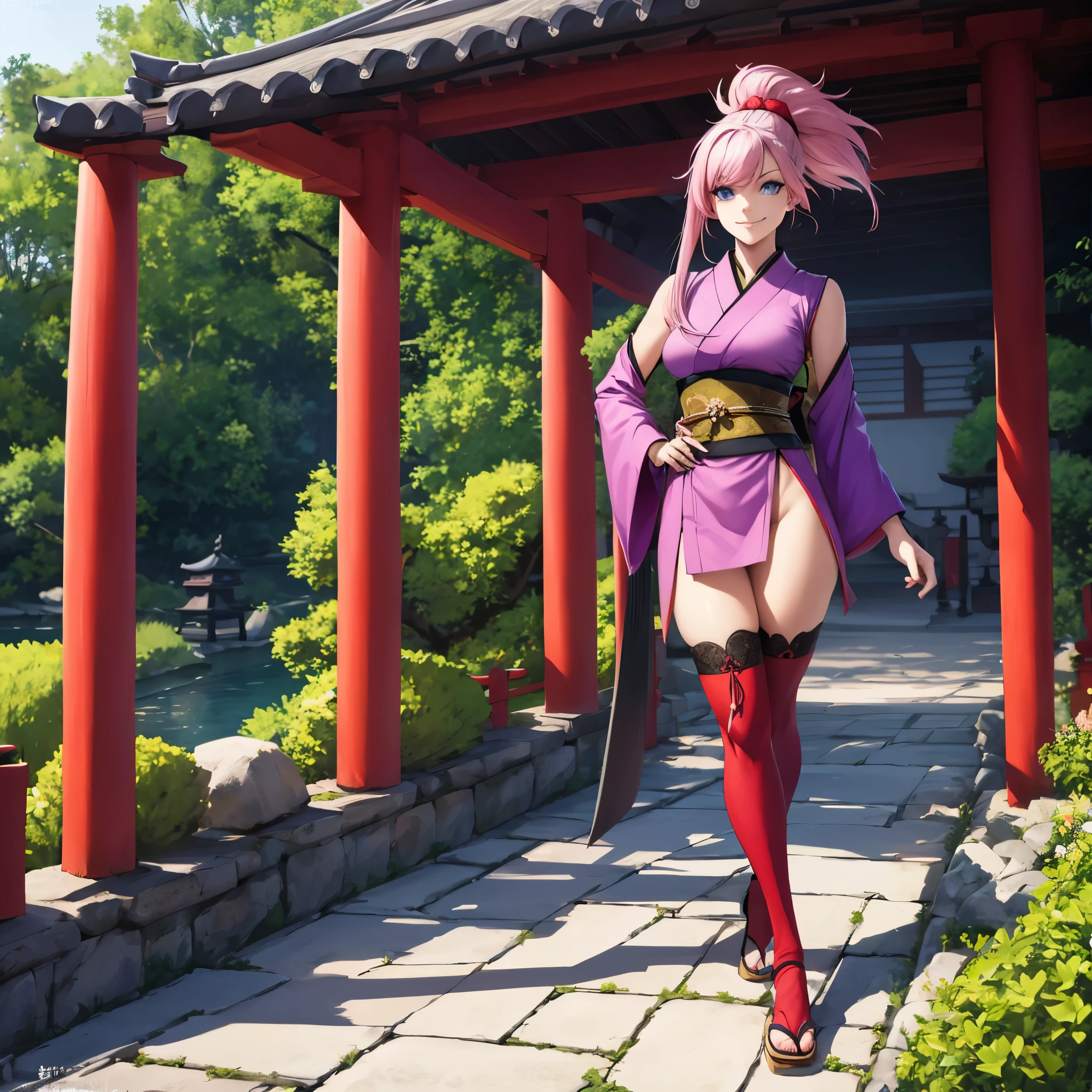 uma mulher vestindo um quimono roxo sem mangas, cabelo rosa longo, cabelo rabo de cavalo, olhos azuis, meias vermelhas longas, segurando uma katana sem bainha, caminhando em uma passarela de pedra em um jardim japonês com arcos japoneses vermelhos, sorridente, .HDR, ultra resolução, bem definido, obra de arte, corpo todo, 8k hd. (mulher sozinha)
