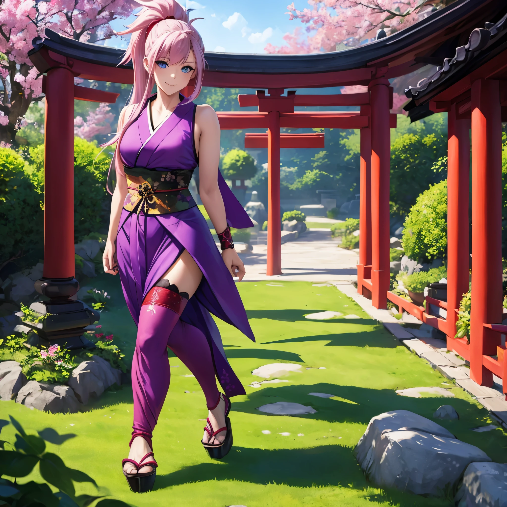 a woman wearing a purple sleeveless kimono, long pink hair, ponytail hair, blue eyes, long red stockings, holding a katana without a sheath, walking on a stone walkway in a Japanese garden with red Japanese arches, smiling, .HDR, ultra resolution, well defined, masterpiece, full body, 8K HD. (woman alone)
