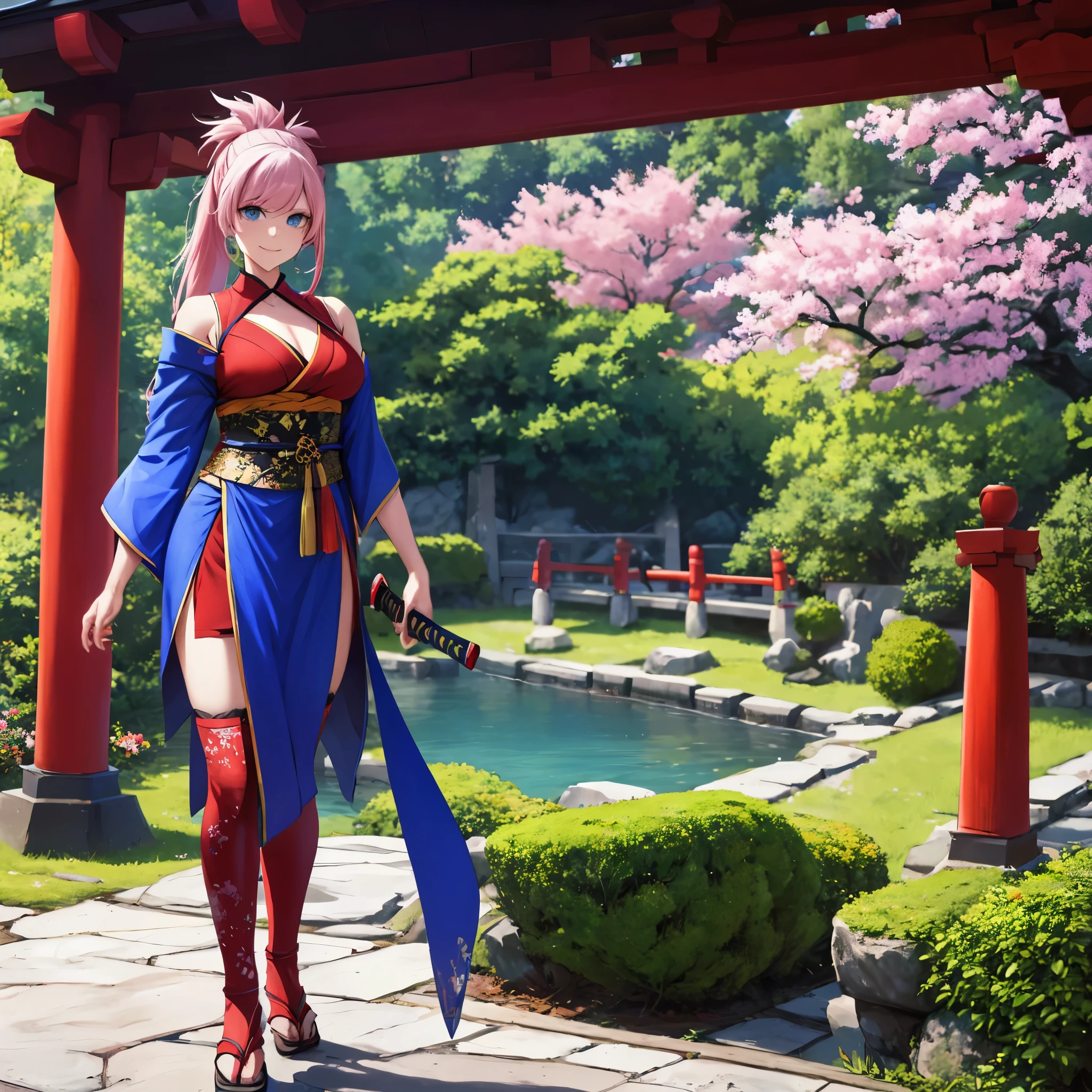 uma mulher vestindo um quimono azul sem mangas, cabelo rosa longo, cabelo rabo de cavalo, olhos azuis, meias vermelhas longas, segurando uma katana sem bainha, caminhando em uma passarela de pedra em um jardim japonês com arcos japoneses vermelhos, sorridente, .HDR, ultra resolução, bem definido, obra de arte, corpo todo, 8k hd. (mulher sozinha)
