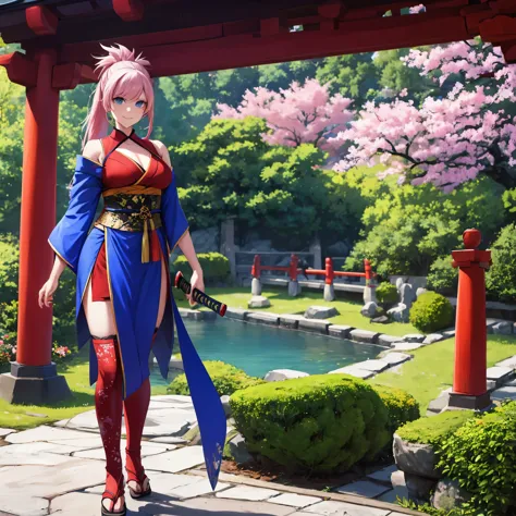 a woman wearing a blue sleeveless kimono, long pink hair, ponytail hair, blue eyes, long red stockings, holding a katana without...