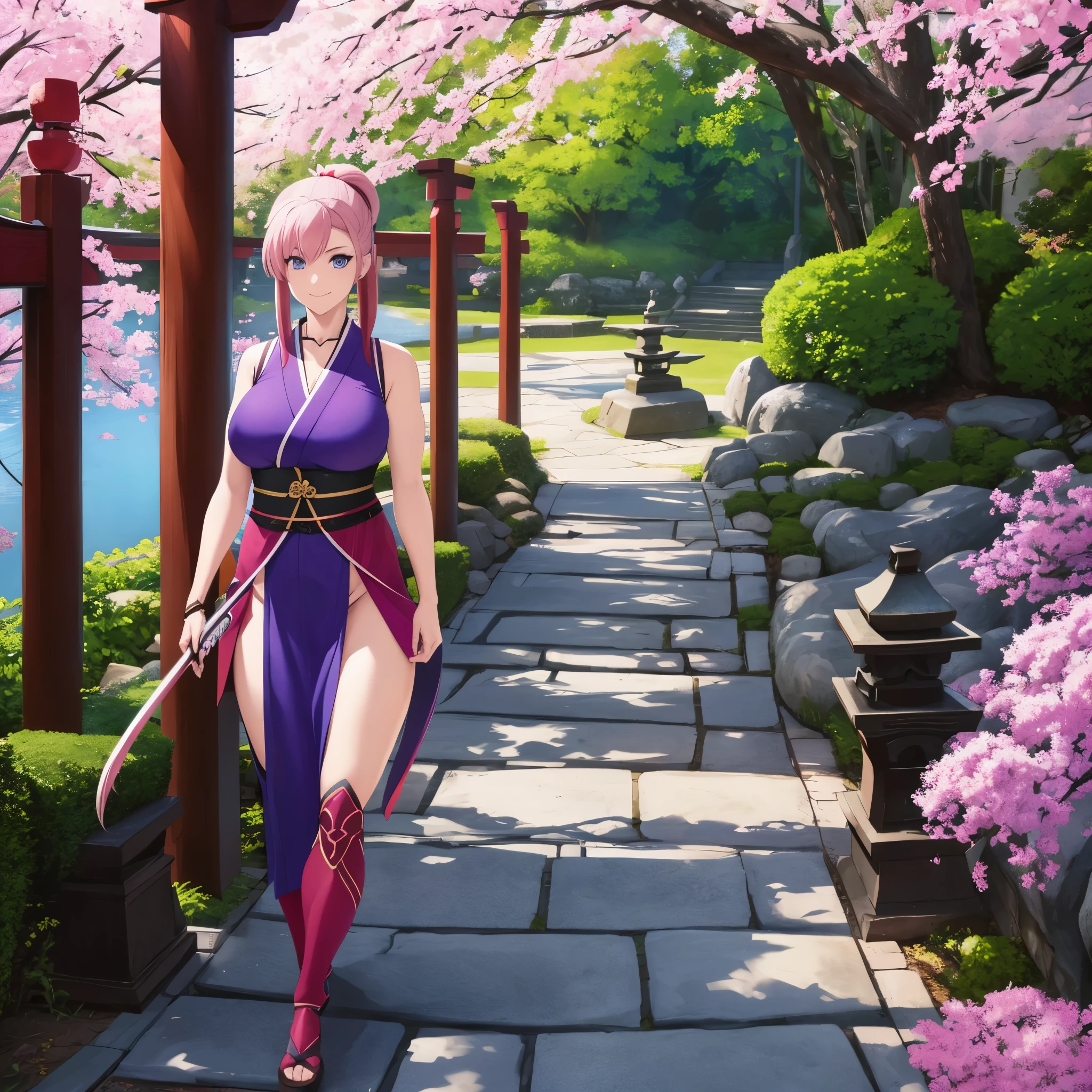 uma mulher vestindo um quimono roxo azulado sem mangas, cabelo rosa longo, cabelo rabo de cavalo, olhos azuis, longas meias vermelhas, segurando uma katana sem bainha, andando em uma passarela de pedra em um jardim japonês com arcos japoneses vermelhos, sorridente, corpo inteiro, corpo todo, seios grandesHDR, ultra resolução, bem definido, Obra de arte, 8k hd. (Mulher sozinha)
