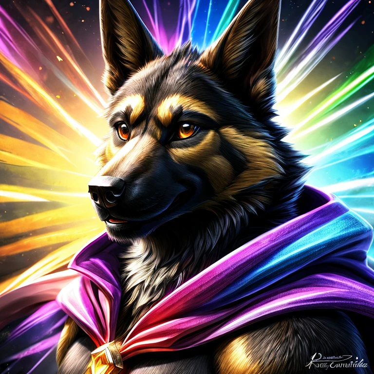 Black furred german shepherd with a bright and a flowing gay pride cape., altura completa, divino, sharp focus, renderizado de octanaje, HDR, atomspheric,