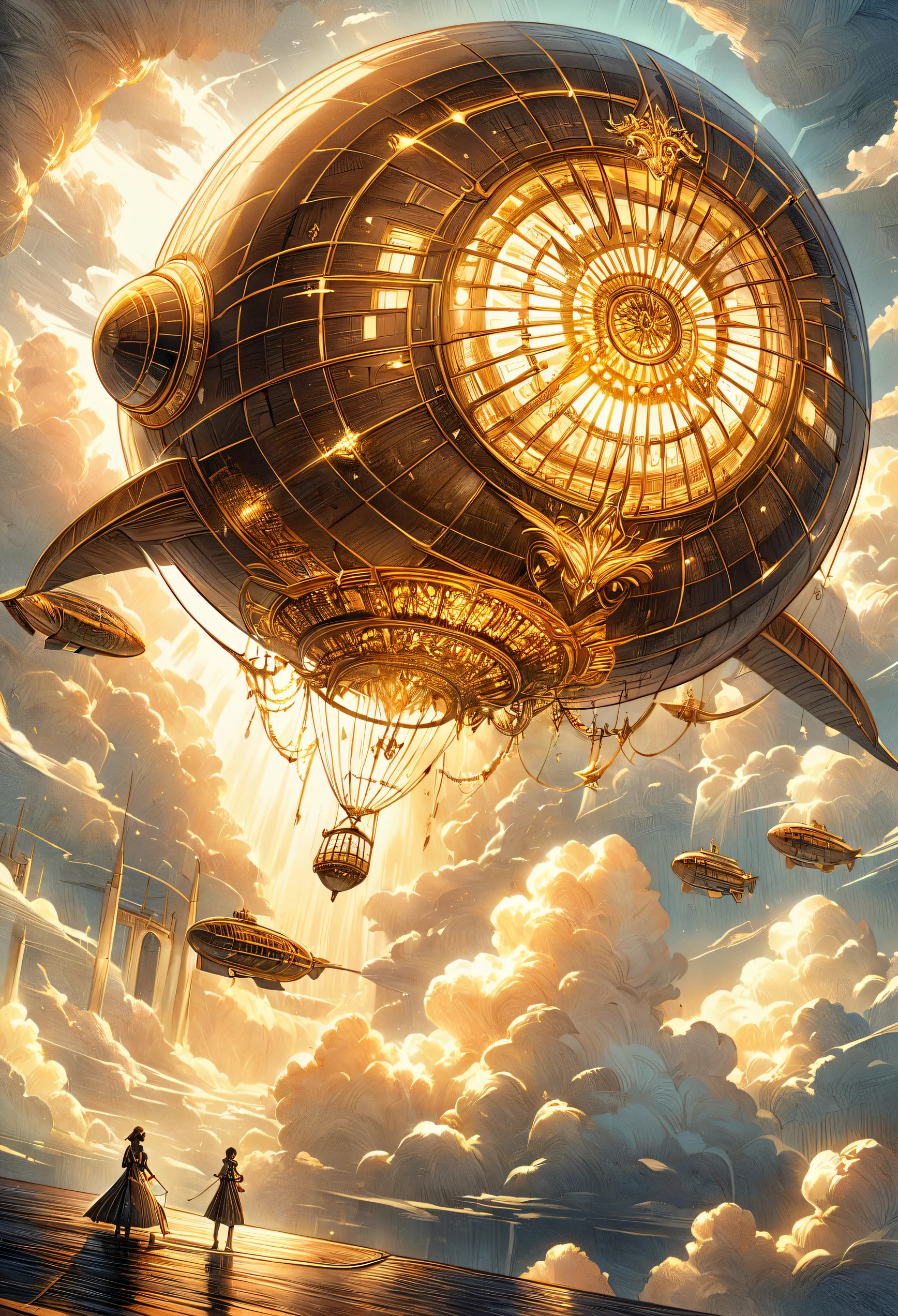 A beautiful ivory and gold dirigible floating gracefully amongst the clouds. The dirigible has intricate details with its ivory-colored body and gold accents. The craftsmanship is of the highest quality, with exquisite engravings and delicate patterns. The clouds surrounding the dirigible create a dreamy and ethereal atmosphere. The sunlight filters through the clouds, casting a golden glow on the airship. The scene is captured in a medium of digital illustration, combining the realism of photography with the artistic touch of concept art. The colors are vibrant and vivid, with a warm color palette dominated by gold and ivory tones. The lighting is soft yet dramatic, emphasizing the elegance and grandeur of the dirigible. The overall image quality is exceptional, with ultra-detailed elements and a high-resolution rendering. Every minute detail, from the individual clouds to the smallest gold embellishment, is immaculately represented. The prompt is carefully designed to generate a visually stunning and awe-inspiring image of an ivory and gold dirigible floating amidst the clouds.