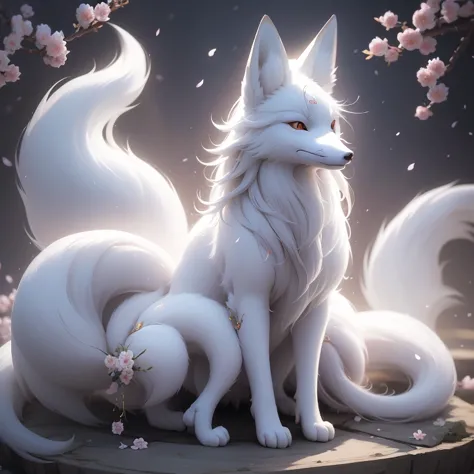 A white mystical fox, its coat shimmering with an ethereal glow, stands proudly before a blooming sakura tree. Its body is adorn...
