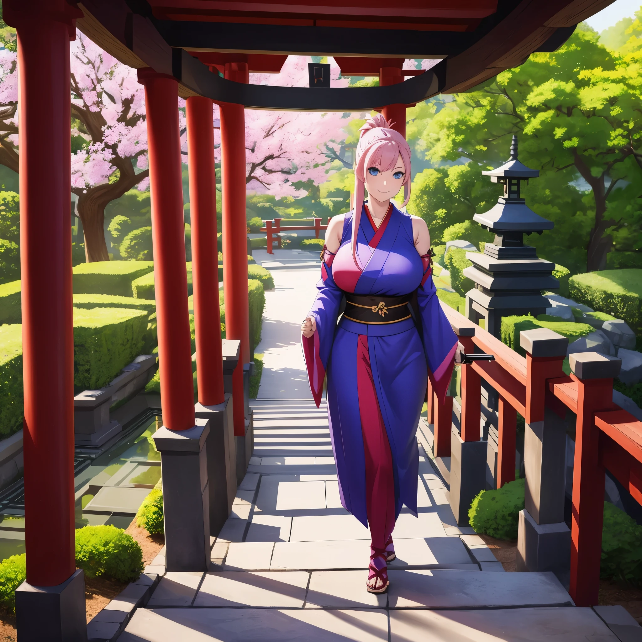 a woman wearing a bluish purple sleeveless kimono, long pink hair, ponytail hair, blue eyes, long red stockings, holding a katana without a sheath, walking on a stone walkway in a Japanese garden with red Japanese arches, smiling, body whole, full body, big breastsHDR, ultra resolution, well defined, masterpiece, 8K HD. (solo woman)
