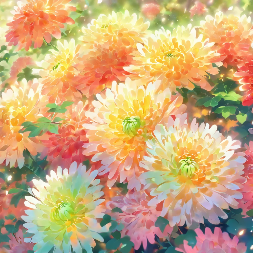 rosefield,beautiful chrysanthemum,bright colors,Tightly packed chrysanthemums,soft petals,breeze,green leaves,fertile land,refreshing scent,Summer mood,peaceful atmosphere,blooming nature,the beauty of serenity,(best quality,high resolution,masterpiece:1.2),very detailed,In fact,photoIn fact,soft light,fancy,impressionist style